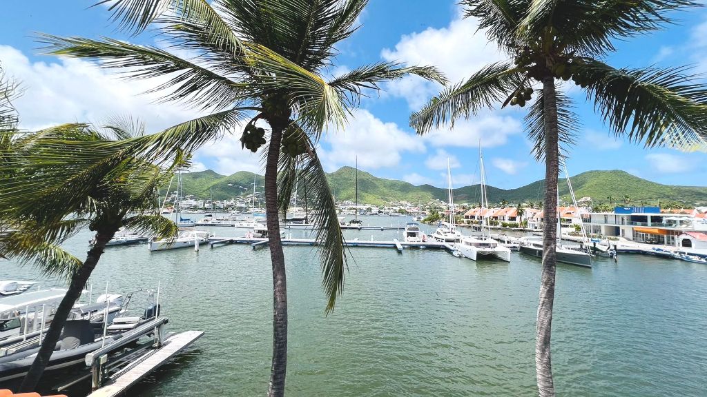 View from the residence over Simpson Bay Lagoon: marina, palms and green hills