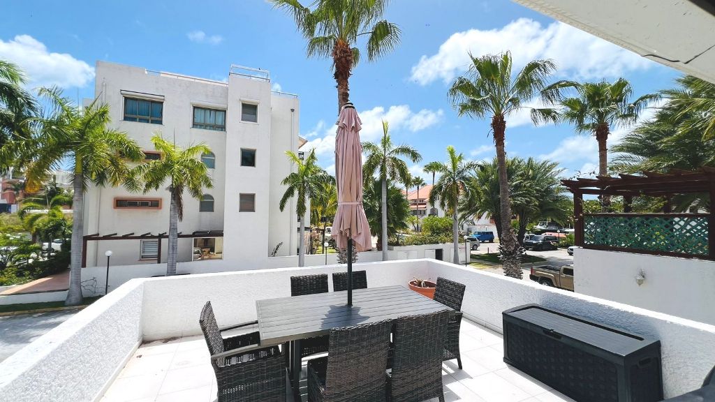 Private terrace with dining table under palms